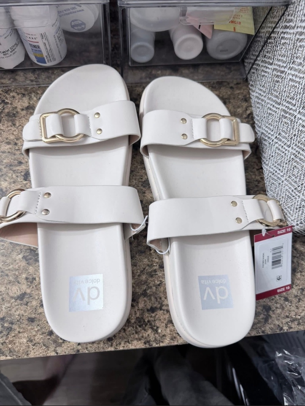 DV by Dolce Vita Cream Double-Strap Slide Sandals with Gold Buckles